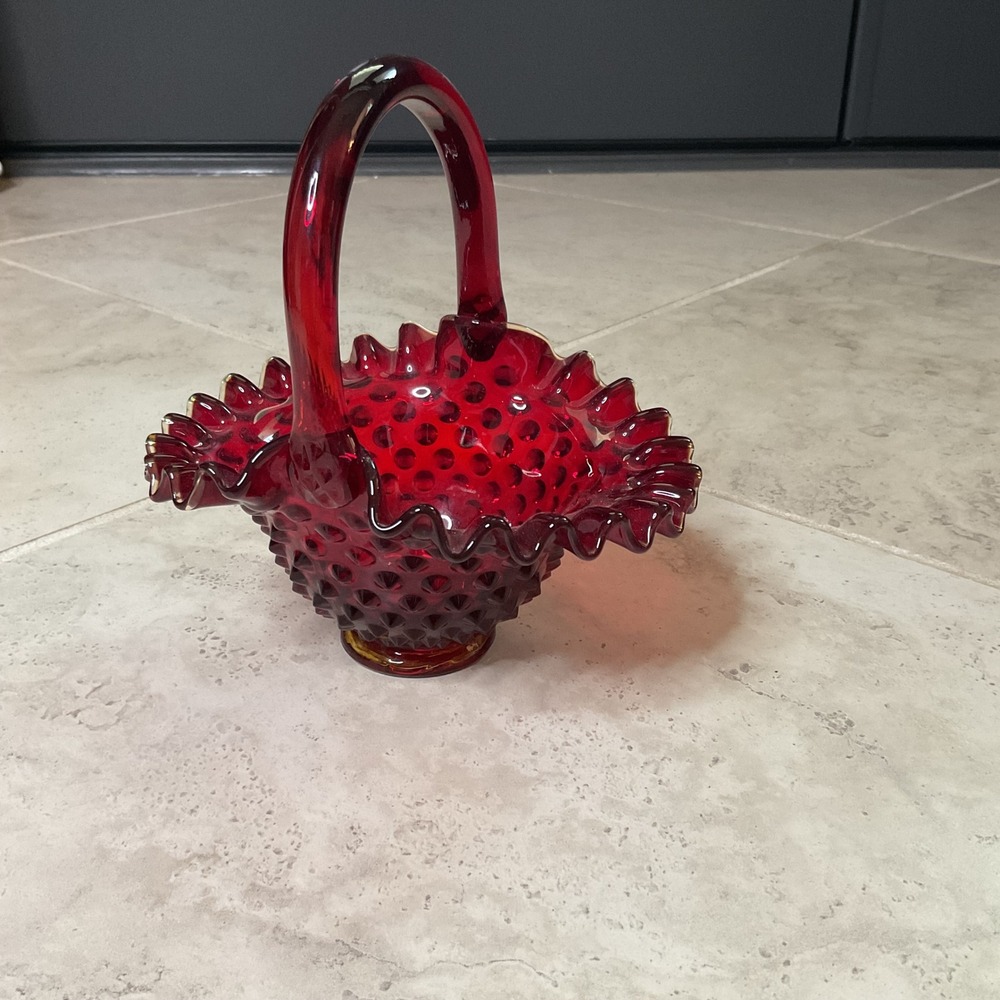Vintage Ruby Red Hobnail Glass Basket Ruffled Edge Candy Dish Decorative Handle